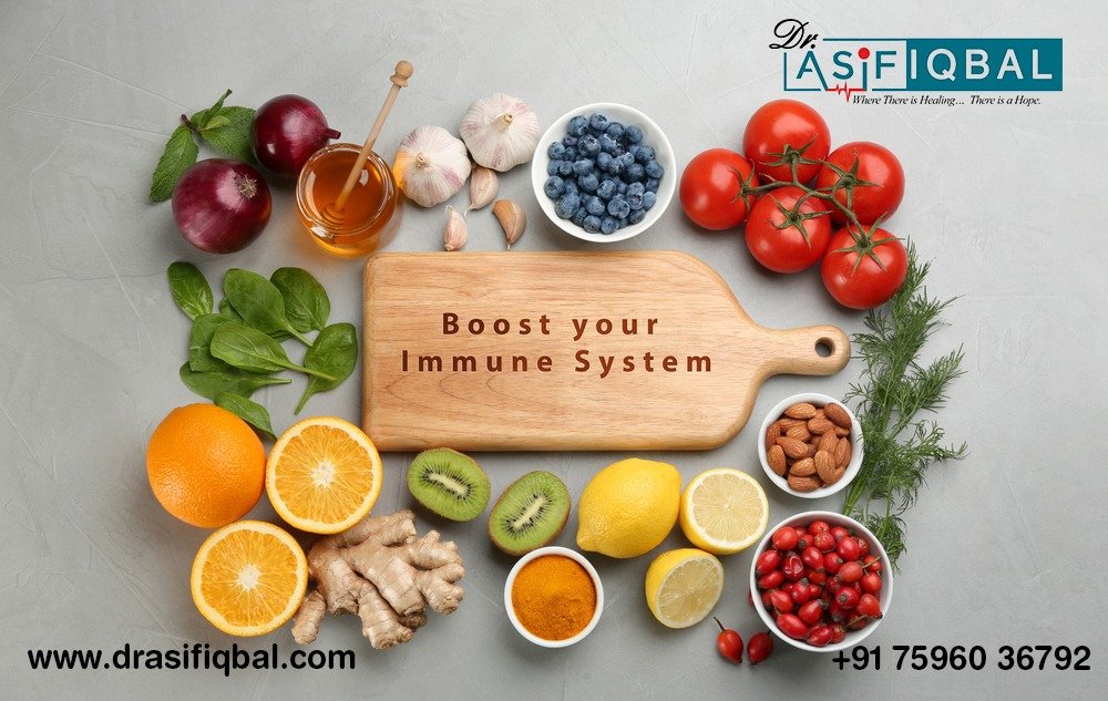 A variety of fruits, vegetables, and natural ingredients displayed in a flat lay around a wooden board with the text "Boost your Immune System."